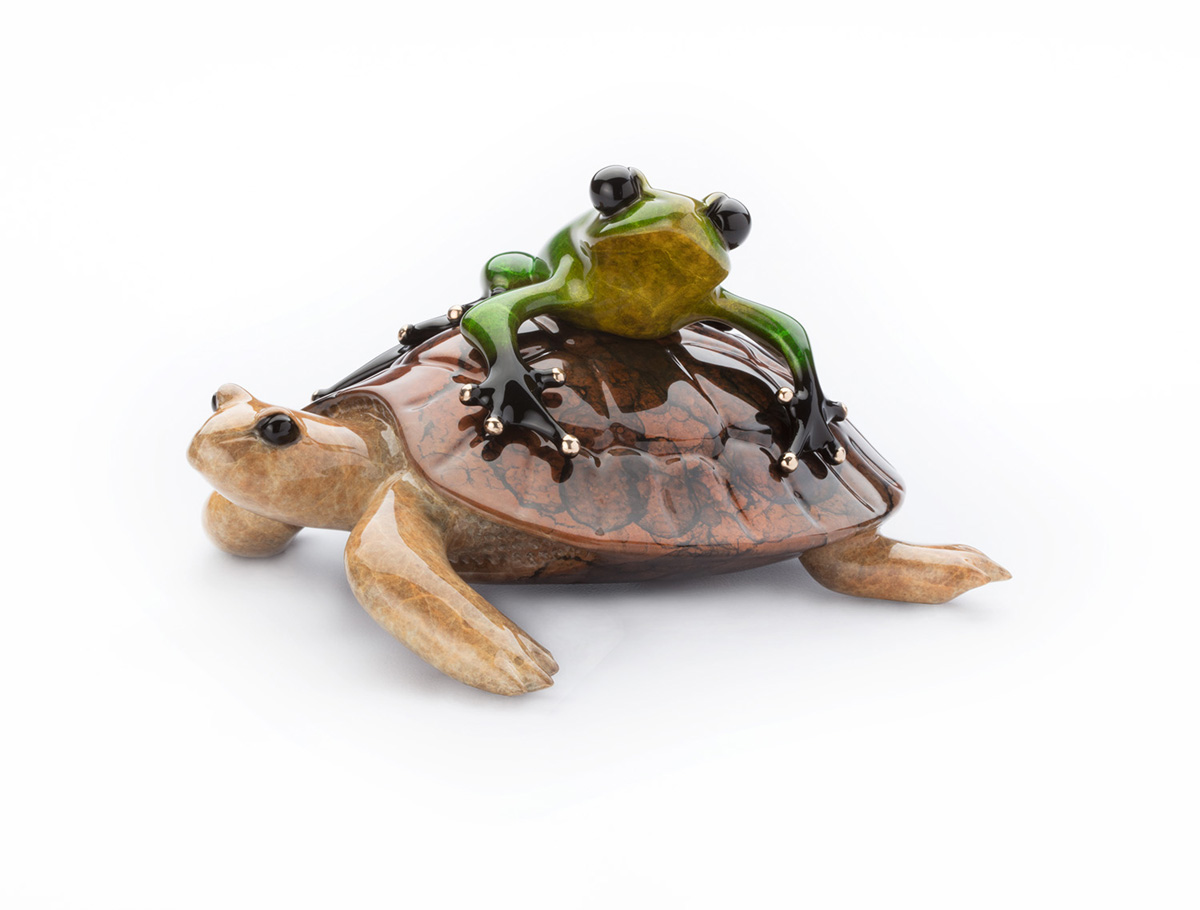 Signed, limited edition bronze frog and turtle sculpture by Tim FROGMAN Cotterill