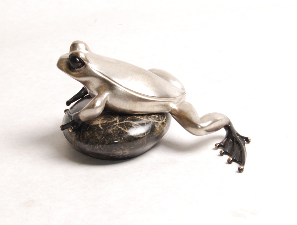 Signed, Limited Edition Bronze Frog on Rock Sculpture by Tim Cotterill