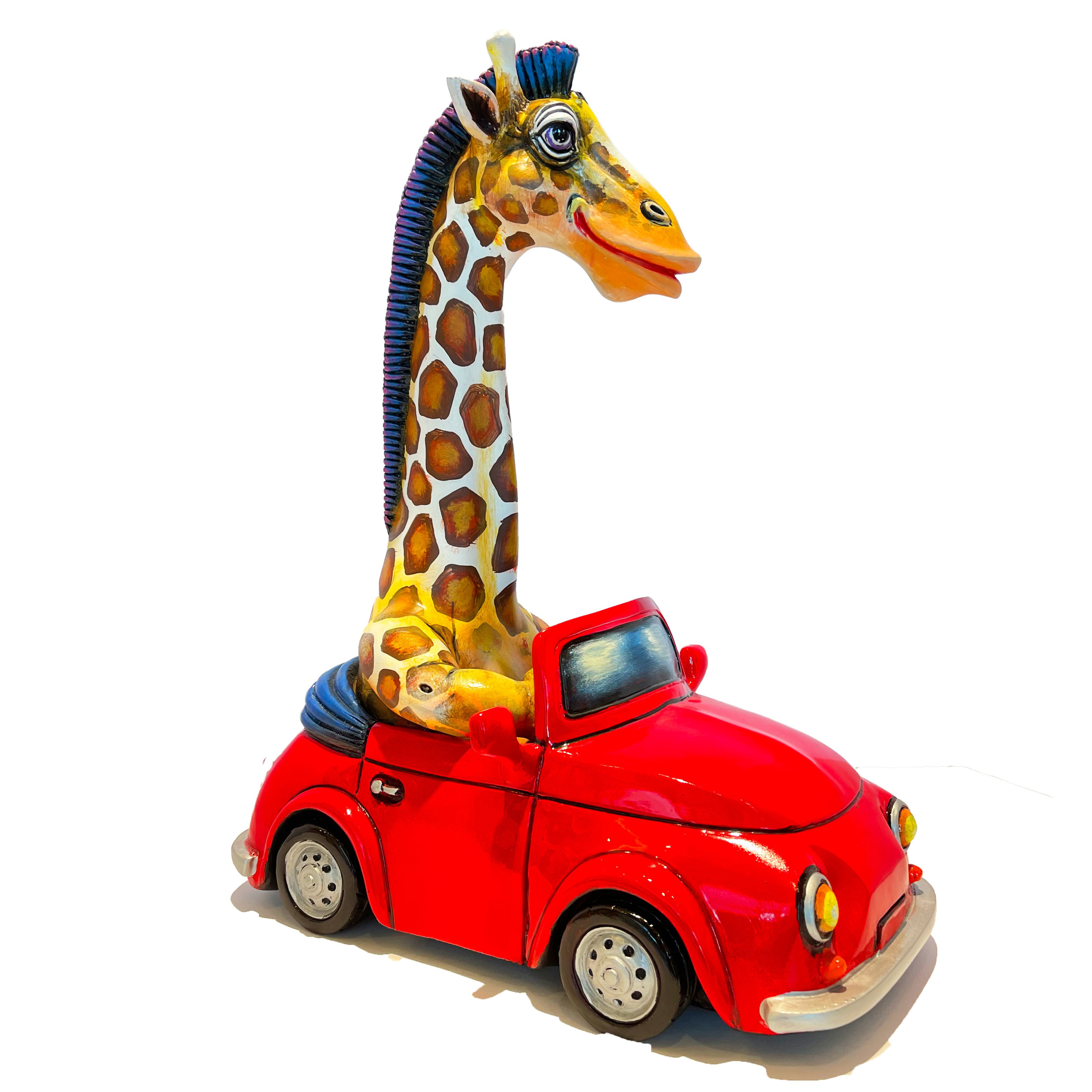 Signed, limited edition giraffe in car sculpture