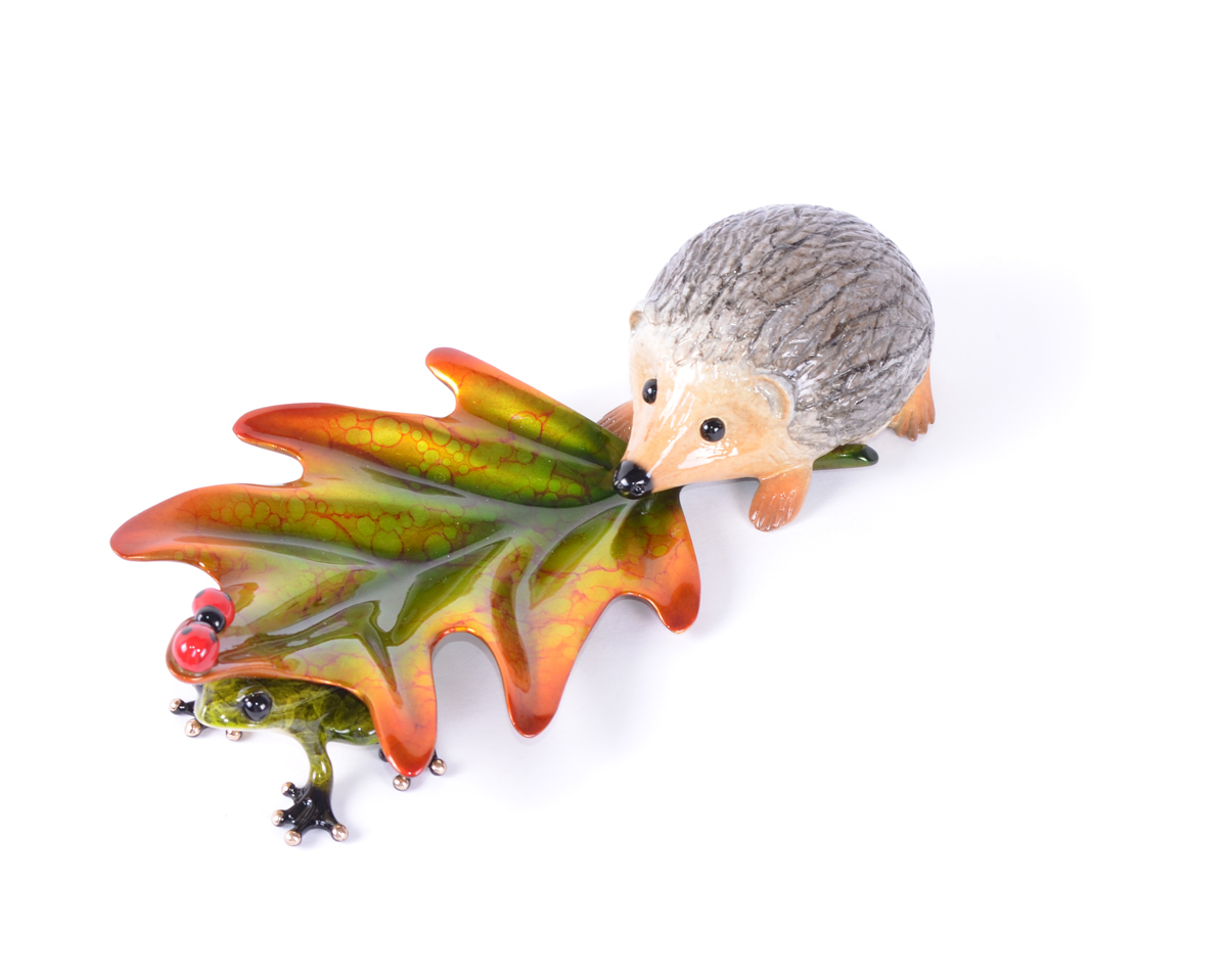 Signed, limited edition hedgehog with frog sculpture