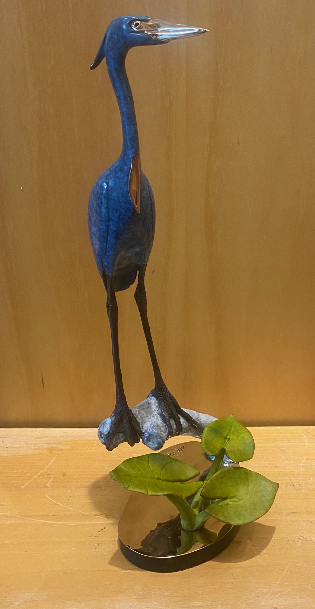 Signed, limited edition bronze heron sculpture