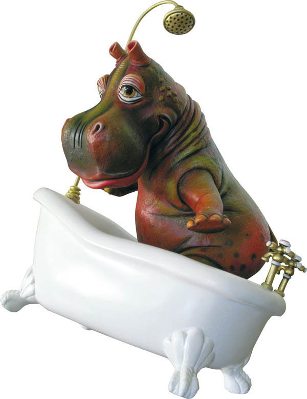 Ceramic Hippo in Bathtub Sculpture