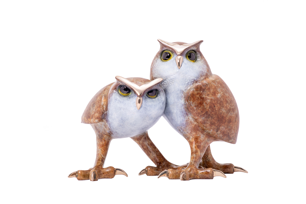 Signed, Limited Edition Bronze Pair of Baby Owls Sculpture by Tim Cotterill