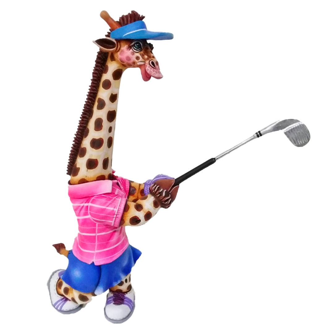 Mixed Media Lady Golfer Giraffe sculpture by Carlos & Albert