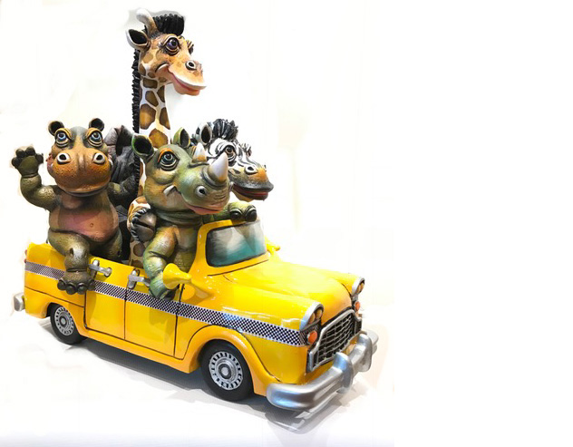 Signed, limited edition animals in taxi sculpture