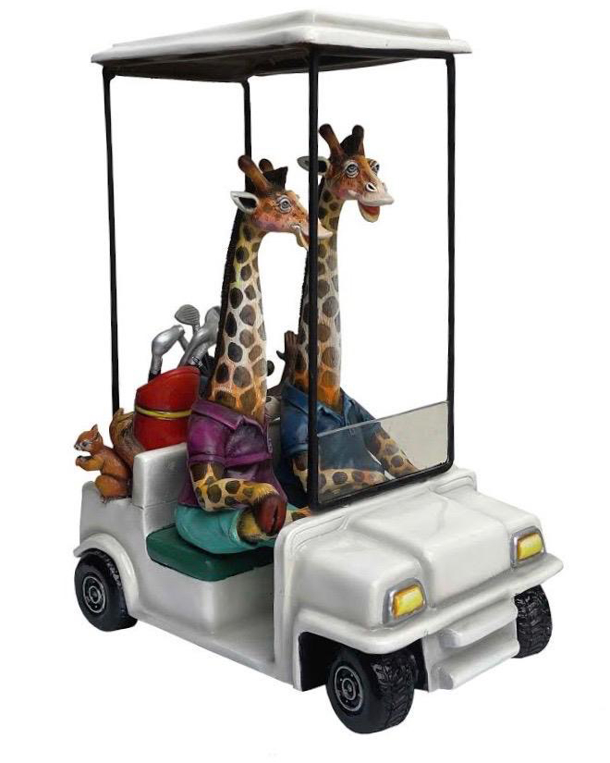 Mixed Media Sculpture of Giraffes in Golf Cart