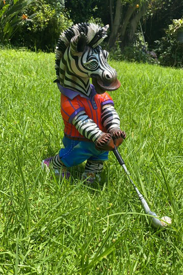 Mixed Media Zebra Golfing Sculpture by Carlos & Albert